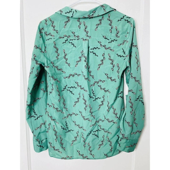 Ann Taylor Womens XS Blouse 1/2 Button Down Roll Tab Sleeves Green Floral Leafs - Picture 4 of 8